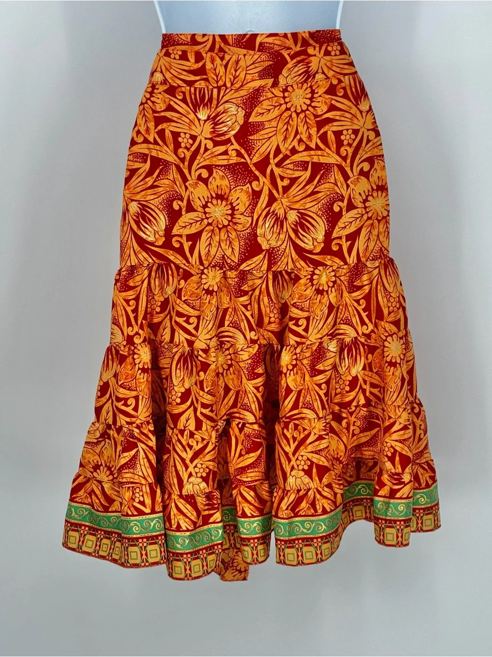 Silk Blend Orange Floral Wrap Midi Skirt One Size